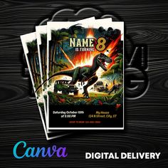 three dinosaur birthday party flyers with the name 8 on them