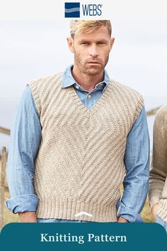 two men in sweaters and vests standing next to each other with the words knitting pattern