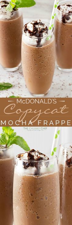 three glasses filled with chocolate mochata and topped with whipped cream, mint sprigs