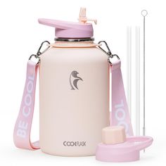 a pink water bottle with a straw in it next to the lid and two straws