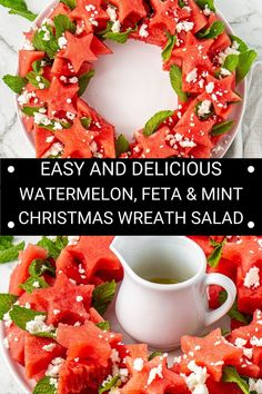 watermelon, feta and mint christmas wreath salad on a white platter