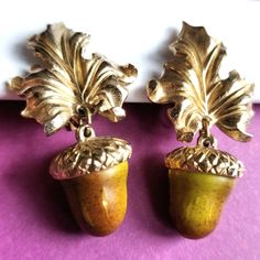 Beautiful, Rare Vintage Clip Back Earrings By Florenza With Acorn Charms Suspended From Dramatic Leaves. The Realistic "Acorns" Are A Pear Green/ Brown Color. Gold Tone Metal. Each Is Signed Florenza On The Backs. The Acorns Have A Few Little Chips, Hairline Cracks, Scuffs, And The Metal Has Minor Patina, But Nothing Major And Still Lovely As Is. Each Measures About 1.75" Long. Ships Fast! Beli8348ts9n5s Statement Tree Nature Bold Autumn Fall Jewelry Autumn Fall Leaves Foliage Acorn Jewelry, Oak Color, Vintage Clip, Fall Jewelry, Fall Leaves, Green Brown, Autumn Fall, Fall Autumn, Gold Tone Metal