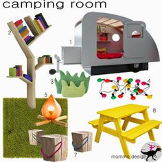 the camping room is filled with toys, books and other things to make it fun