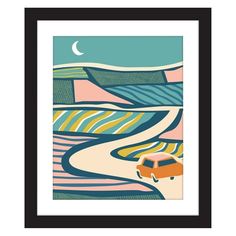 an orange car driving down a road with mountains and hills in the background, framed print