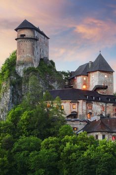 an old castle sits on top of a hill surrounded by trees and bushes at sunset