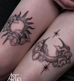 two sun and moon tattoos on both legs