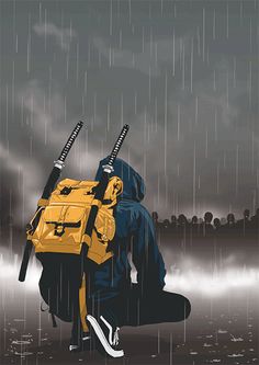 a person with a yellow backpack and two swords on their back, in the rain