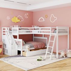 a child's bedroom with pink walls and white bunk beds