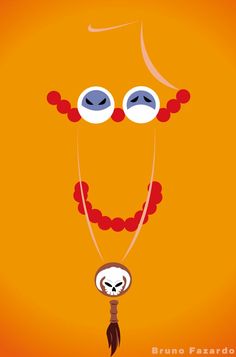 an orange background with two eyes and a necklace