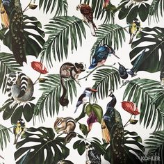 birds and leaves on a white wallpaper with black, green, red, and yellow colors