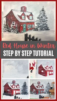 red house in winter step by step drawing