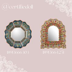 two mirrors are shown side by side on a pink background and the other half is decorated with flowers