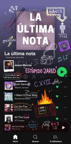 the poster for la ultima nota is shown in purple and black colors