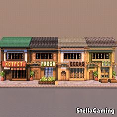 💾 Available for Download Now! 💾  Welcome to Leiram Street, a quaint little street with four shop fronts with apartments on top. This street contains a hotpot store, fresh fruit and veg, book store and tea store/cafe, as well as a quaint popcorn stand out the back!. Each apartment ontop has a small but decorated interior. Minecraft Shop House, Town Builds Minecraft, Minecraft Town Shops, Minecraft Town Idea, Minecraft Coffee Shop Interior, Minecraft Food Court, Japanese Shop Minecraft, Minecraft Street Decoration, Book Store Minecraft