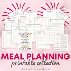 the meal planning printable collection is shown with text overlays that reads,