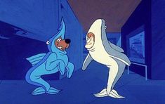 two cartoon characters one is a shark and the other is a dog