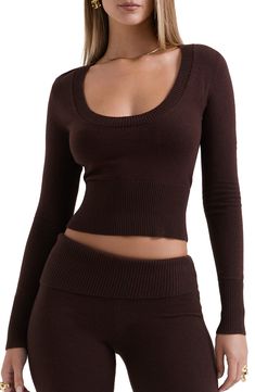 Show some skin in this scoop-neck, midriff-baring sweater knit to fit snugly from a soft yarn blend kissed with cashmere. Scoop neck Long sleeves Ribbed cuffs and hem 49% nylon, 35% acrylic, 10% wool, 6% cashmere Dry clean Imported Lomg Sleeve Brown Shirt, Brown Knit Sweater Cropped, Fall Crop Top With Scoop Neck And Stretch Fit, Fitted Ribbed Sweater For Loungewear, Fall Stretch Crop Top With Scoop Neck, Chic Fall Knit Top With Scoop Neck, Fall Season Stretch Scoop Neck Crop Top, Fitted Soft Knit Sweater For Loungewear, Fitted Cropped Fine Knit Sweater