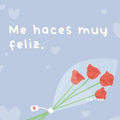 there is a card with red roses in the vase and text that says, me haces muy feliz