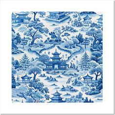 a blue and white wallpaper with trees, pagodas and buildings in the background