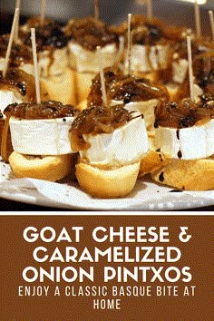 an advertisement for goat cheese and caramelized onion pinitos on a plate