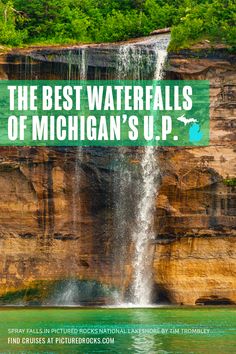 Spray Falls Waterfall in Pictured Rocks National Lakeshore plunging into Lake Superior Michigan Activities, Camping Michigan, Camping Jeep, Michigan Waterfalls, Utah Parks, Michigan Adventures, Michigan Road Trip, Michigan Vacations, Midwest Travel