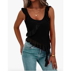 Black Asymmetrical Sleeveless Top With Ruffles. Scoop Neck Cropped Top Retails For $30.99 Size: Xl Color: Black Condition: New With Tags Materials: Shell 90% Polyamide, 10% Elastane. Lining 95% Polyester 5% Elastane Measurements Are Approximate: Ptp 20 In But Stretches To 22in Asymmetrical, Going Out Top, Dressy Top, Date Night, Ruffles, Mesh, Lightweight, Fall, Spandex, Sleeveless, Tank Top Crop Top. Send Me An Offer! Don't Have A Poshmark Account? Sign Up Today Using My Code: Lupeparra171 & Sa Tank Top Crop Top, Scoop Neck Crop Top, Top With Ruffles, Backless Crop Top, Crop Top Casual, Top Crop, Dressy Tops, Party Tops, Sleeveless Tank Top