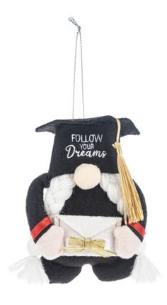 a black and white stuffed animal wearing a graduation cap with the words follow your dreams written on it