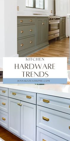 a kitchen with white cabinets and gold pulls on the handles that are painted in gray