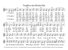 sheet music with the words vergigt es nied dist bis du