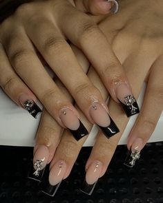 Simple Nail Square Designs, Nails Acrylic Black Square, Black Acrylic Nails With Cross Charm, Black Nails W Charms, Nail Inspo With Cross Charm, Nail Ideas Y2k Short Black, Y2k Nail Inspo Black, Short Square Black French Tip Nails Designs, Alt French Tip Nails