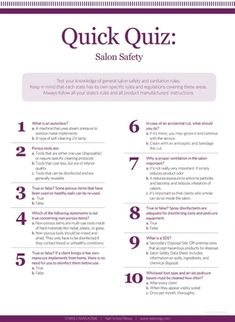 the quick quiz for salon safety is shown in purple and white, with numbers on each side