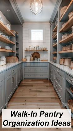 a walk in pantry filled with lots of wooden shelves