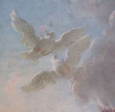 two white doves flying in the sky with pink and blue clouds behind them,