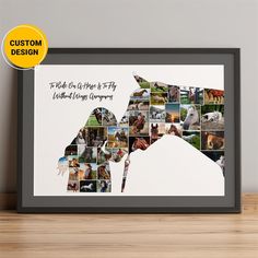 a framed photo of a dog's silhouette with the words, field collages and pictures below it