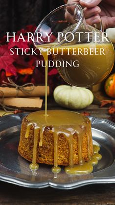 a harry potter sticky butterbeeer pudding on a plate