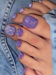 Glitter Pedicure Toenails, Short Purple Nails, Purple Sparkly Nails, Purple Pedicure, Purple Toe Nails, Glitter Toe Nails, Nail Art For Girls, Nails Sparkly, Purple Toes