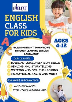 the flyer for english class for kids with pictures of children in headphones and speech bubbles