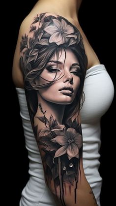 a woman with flowers on her arm and shoulder is shown in black and grey colors