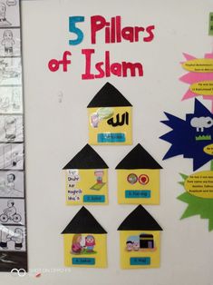 a bulletin board with five pillars of islam written in different languages and pictures on it