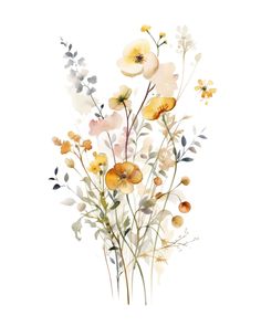 watercolor painting of yellow and white flowers