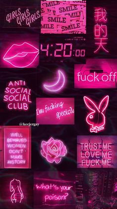 neon signs are displayed on the wall in this dark room, with pink and purple lighting