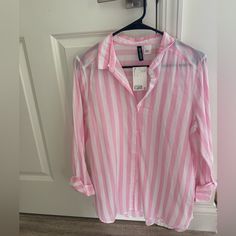 Brand New! Perfect Linen Top Or Cover Up Baby Pink And White Smoke Free Home H&m Pink Blouse For Summer, Pink Cotton Top With Contrast Stripes, Pink Button-up Tops For Daywear, Pink Button-up Sleepwear For Summer, Pink Vertical Stripes Button-up Top, Pink And White Stripes, Linen Top, Striped Linen, Pink And White