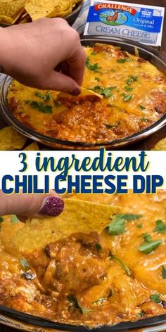 3 ingredient chili cheese dip with tortilla chips in the foreground and an image of a hand grabbing a tortilla chip