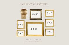 the gallery wall layout is shown with gold frames and numbers on each side, which are numbered