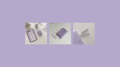 three different pictures of various items on a white table with purple and blue accents, including an empty notebook