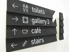 three wooden signs pointing in different directions on the wall, with arrows pointing to toilets and gallery 3