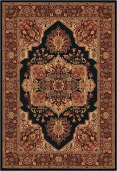 a black and red rug with an ornate design on the center, surrounded by many different colors