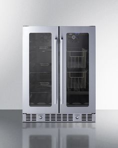 two stainless steel double doors refrigerators on a shiny surface with one open and the other closed