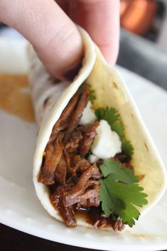 a hand is holding up a burrito with meat and cilantro on it