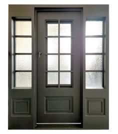 the front door is painted black and has two sidelights on each side, with glass panels